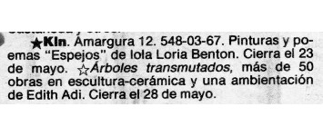 עיתונות, Edith Adi (1983), עידית עדי, תערוכת יחיד, Galeria Kin (Mexico City), 1983, Galeria Kin - 1983 - הודעה בעיתון - עידית עדי.pdf