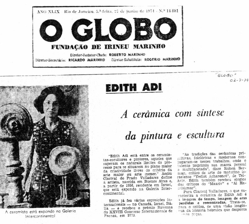 עיתונות, Edith Adi (1974), עידית עדי, תערוכת יחיד, Galeria Intercontinental (Rio de Janeiro), 1974, Galeria Intercontinental - 1974  - עידית עדי - o globo.pdf