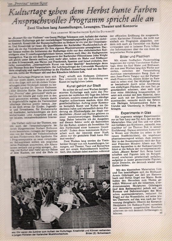 עיתונות, תערוכה ב Galerie der Volksbank Kurpfalz in Weinheim, יאיר לוי (1946-2023), תערוכת יחיד, Volksbank Weinheim גלריה של פולקסבנק ויינהיים, 1989, Galerie der Volksbank Kurpfalz in Weinheim