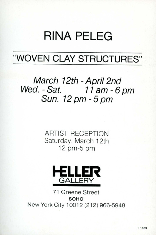 הזמנה, WOVEN CLAY STRUCTURES, רינה פלג, תערוכת יחיד, Heller Gallery - SOHO (New York), 1983