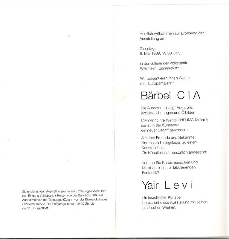 הזמנה, תערוכה ב Galerie der Volksbank Kurpfalz in Weinheim, יאיר לוי (1946-2023), תערוכת יחיד, Volksbank Weinheim גלריה של פולקסבנק ויינהיים, 1989, Galerie der Volksbank Kurpfalz in Weinheim הזמנה