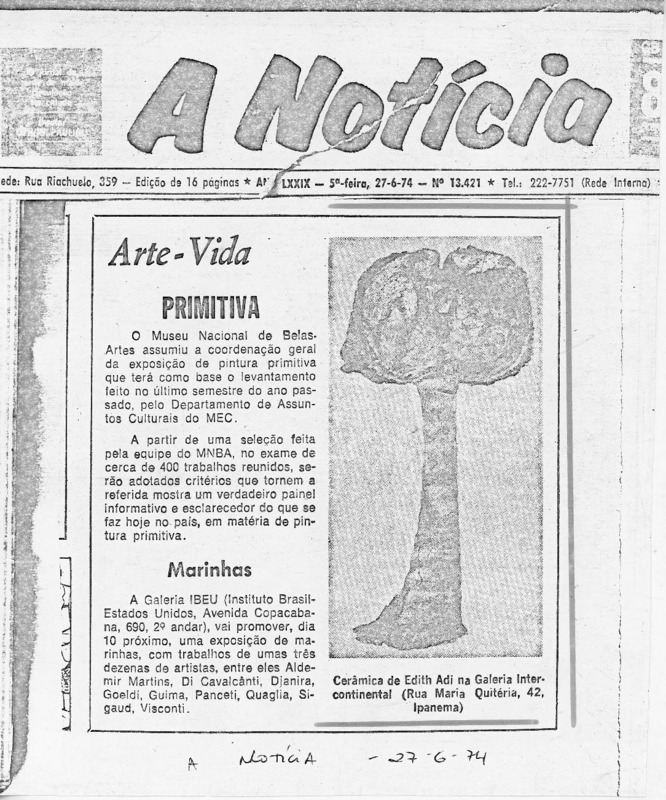 עיתונות, Edith Adi (1974), עידית עדי, תערוכת יחיד, Galeria Intercontinental (Rio de Janeiro), 1974, Galeria Intercontinental - 1974  - עידית עדי - a noticia.pdf